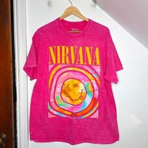 NIRVANA Hot Pink Cotton Smiley Face Rainbow Swirl Graphic Band Tee NEW Size XL